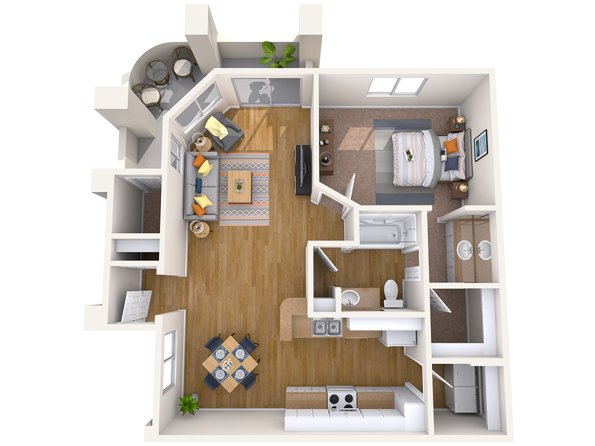 Floor plan for 1 bed, 1 bath, 949 sqft
